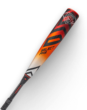 Louisville Slugger baseball bat, red, orange, black, and white, with SELECT PWR written on the barrel.